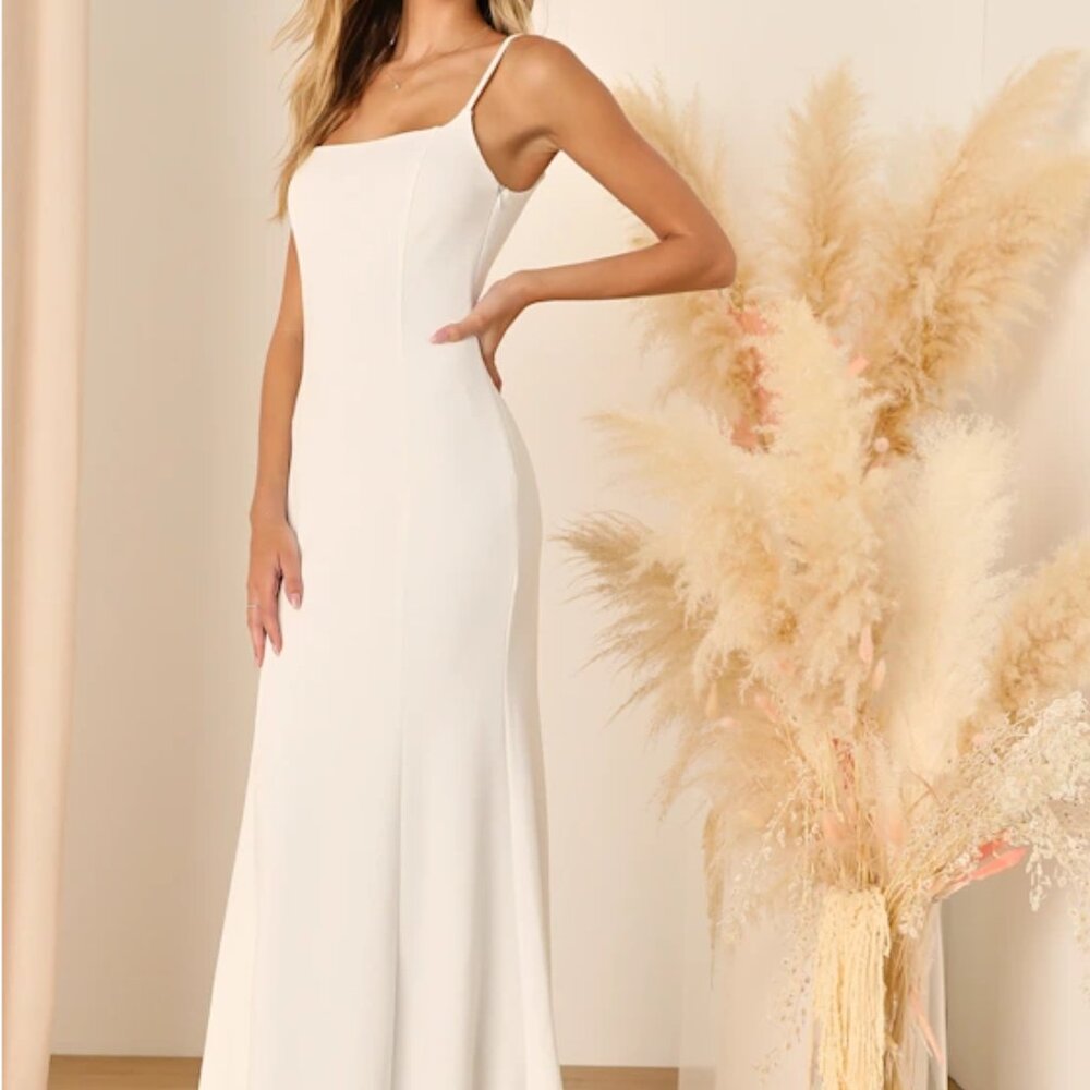 Blessed Romance White Sleeveless Button Back Mermaid Maxi Dress w/ Chapel Train